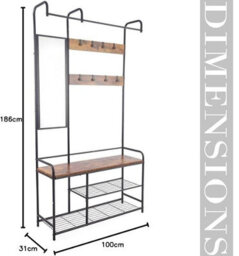 Modcraft Entryway Coat Hanger Stand With Shoe Bench & Mirror Black Rustic Oak Hallway Storage Unit - thumbnail 5