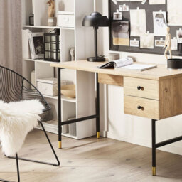 Beliani Retro Home Office Desk 120 X 60 Cm, Oak-Effect Brown Top With Black Iron Legs, 2 Drawers - thumbnail 2