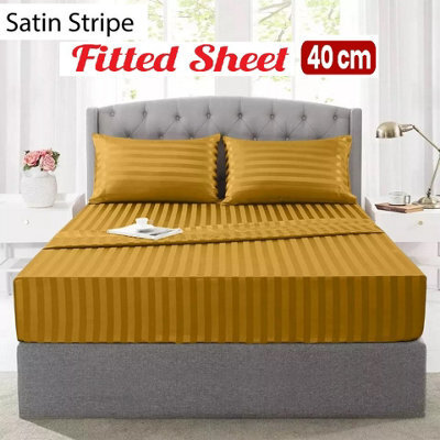 Ameha Stripe Fitted Sheet 40 Cm Deep Pocket- Hypoallergenic Easy Care Ochre Bed Sheets Uk Super King Bedsheet(180X200Cm) - image 1