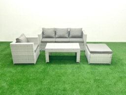 Fimous Rattan Garden Furniture Set 4 Pieces Outdoor Garden Sofa Oblong Coffee Table Set Chair Big Stool Light Grey - thumbnail 1