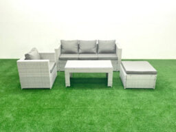 Fimous Rattan Garden Furniture Set 4 Pieces Outdoor Garden Sofa Oblong Coffee Table Set Chair Big Stool Light Grey - thumbnail 2