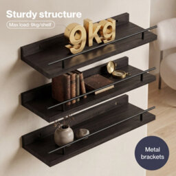 Levede Floating Shelves Set Of 3 Wooden Wall Mounted Shelves Storage Black - thumbnail 7