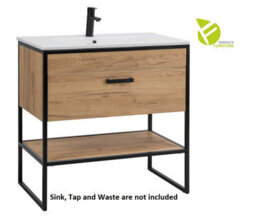 Impact Furniture Freestanding Bathroom Vanity Unit With Drawer 800mm Cabinet  Industrial Black Steel Frame Oak Finish Loft Brook - thumbnail 7