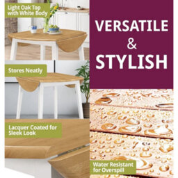 Small Dining Table, Solid Wood Drop Leaf Round Kitchen Table In White And Oak - thumbnail 5