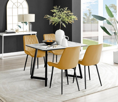 Furniturebox Carson 4 Seater White Marble Effect Rectangular Scratch Resistant Dining Table With 4 Mustard Pesaro Velvet Black Leg Chairs - image 1