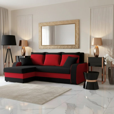 Kris M Corner Sofa Bed With Two Bedding Storage Compartments Polyurethane Foam Frame Plastic Legs 238X147X80Cm Black And Red - image 1