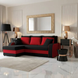 Kris M Corner Sofa Bed With Two Bedding Storage Compartments Polyurethane Foam Frame Plastic Legs 238X147X80Cm Black And Red - thumbnail 1