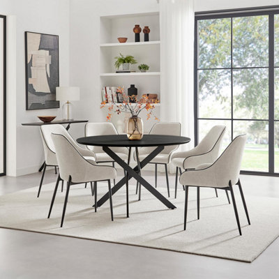 Furniturebox Uk Novara Black Top Dining Table & 6 Beaumont Cream Fabric Chairs - image 1