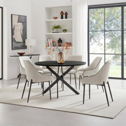 Furniturebox Uk Novara Black Top Dining Table & 6 Beaumont Cream Fabric Chairs