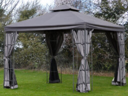 Hipped Roof Metal Gazebo With Showerproof Sunshade Canopy, Side Curtains And Trellis Panels, 3.0X3.0M, Grey - thumbnail 2