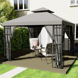 Hipped Roof Metal Gazebo With Showerproof Sunshade Canopy, Side Curtains And Trellis Panels, 3.0X3.0M, Grey - thumbnail 1