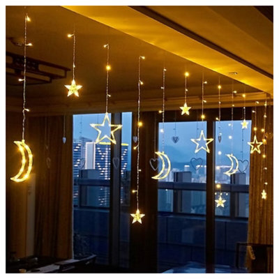 Star And Moon Led Curtain Lights Warm White Indoor Decorative Fairy String Lights For Bedroom, Window, Wall, Party & Festive Home - image 1
