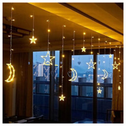 Star And Moon Led Curtain Lights Warm White Indoor Decorative Fairy String Lights For Bedroom, Window, Wall, Party & Festive Home - thumbnail 1