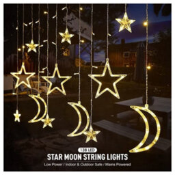 Star And Moon Led Curtain Lights Warm White Indoor Decorative Fairy String Lights For Bedroom, Window, Wall, Party & Festive Home - thumbnail 3
