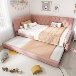 Abrihome Pink Velvet Upholstered Daybed With Pull-Out Bed - 3Ft Single Sofa Bed 90X190Cm, Slatted Frame, Trundle For Adults, No Mattress - thumbnail 2
