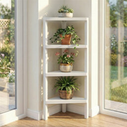 4-Tier Corner Shelf Stand With Slatted Shelves Modern Display Rack White - thumbnail 3