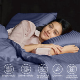 Bedlooms Washed Blue Satin Stripe Pillowcase Pair -Soft Touch Striped Pillow Covers Skin Friendly Pillowcase Bedding Set 50X75 Cm - thumbnail 4