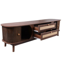 Abrihome Natural Walnut Color Blend Tv Board With Doors And Drawers, Tv Stand With Rattan Drawers, Natural Country House Style - thumbnail 3