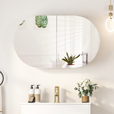 Keepreaper Sleek Oval Bathroom Mirror Cabinet With Storage And 2 Butterfly Doors 66X40 - image 1