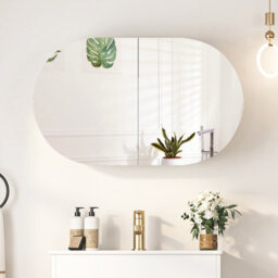 Keepreaper Sleek Oval Bathroom Mirror Cabinet With Storage And 2 Butterfly Doors 66X40 - thumbnail 1
