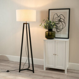 Valuelights Lottie Black Wood Tripod Floor Lamp With Cream Boucle Drum Shade - Led Bulb Included