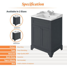 Plum&clay Belmont Charcoal Blue Traditional Floor Standing Vanity Unit & Ceramic Basin (W)614mm - thumbnail 7