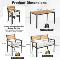 4 Piece Patio Dining Set Outdoor Wood Metal Furniture - thumbnail 2