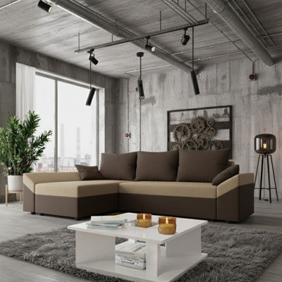 Dante L Modern Corner Sofa Bed Universal L Shape Couch With Guest Sleep Function Storage Durable Fabric Brown And Beige - image 1