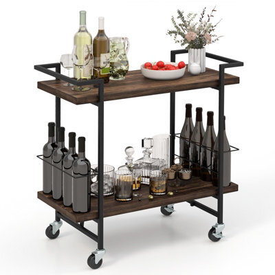 Costway 2-Tier Wooden Home Bar Cart Kitchen Mobile Cart W/ Lockable Wheels - image 1