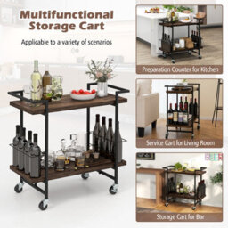 Costway 2-Tier Wooden Home Bar Cart Kitchen Mobile Cart W/ Lockable Wheels - thumbnail 6