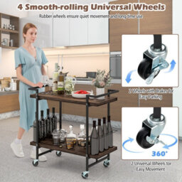 Costway 2-Tier Wooden Home Bar Cart Kitchen Mobile Cart W/ Lockable Wheels - thumbnail 5