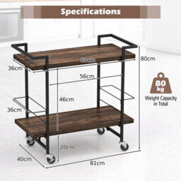 Costway 2-Tier Wooden Home Bar Cart Kitchen Mobile Cart W/ Lockable Wheels - thumbnail 2