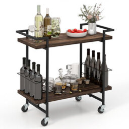 Costway 2-Tier Wooden Home Bar Cart Kitchen Mobile Cart W/ Lockable Wheels - thumbnail 1