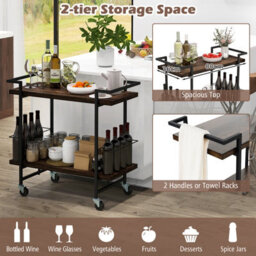 Costway 2-Tier Wooden Home Bar Cart Kitchen Mobile Cart W/ Lockable Wheels - thumbnail 3