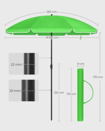 Songmics Beach Umbrella, Tilt Adjustable Parasol With Sun Protection, Height Adaptable, Carry Bag, For Patio Balcony Garden, Green - thumbnail 2