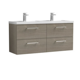 Balterley Bramshall 1200mm Wall Hung 4 Drawer Vanity Unit & Double Basin For Modern Bathroom Storage - Solace Oak - thumbnail 1