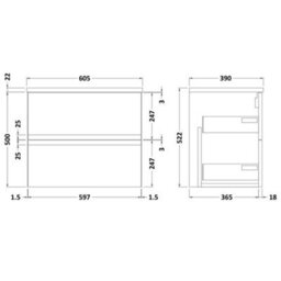 Hudson Reed Urban Satin Grey Wall Hung 2 Drawer Vanity Unit And Bellato Grey Worktop With Silent Close, 522 X 605 X 390 - thumbnail 3
