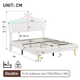 Modernluxe 4Ft6 Double Bed, 135X190Cm, Upholstered Bed With Led Adjustable Headboard, Solid Wood Slat, Pu Leather, Cream White - thumbnail 4