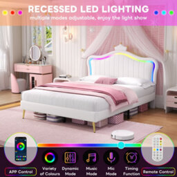 Modernluxe 4Ft6 Double Bed, 135X190Cm, Upholstered Bed With Led Adjustable Headboard, Solid Wood Slat, Pu Leather, Cream White - thumbnail 6
