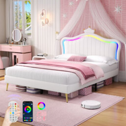 Modernluxe 4Ft6 Double Bed, 135X190Cm, Upholstered Bed With Led Adjustable Headboard, Solid Wood Slat, Pu Leather, Cream White - thumbnail 1