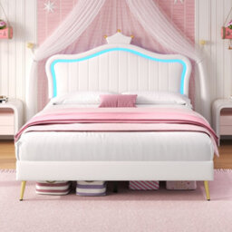 Modernluxe 4Ft6 Double Bed, 135X190Cm, Upholstered Bed With Led Adjustable Headboard, Solid Wood Slat, Pu Leather, Cream White - thumbnail 2
