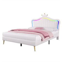Modernluxe 4Ft6 Double Bed, 135X190Cm, Upholstered Bed With Led Adjustable Headboard, Solid Wood Slat, Pu Leather, Cream White - thumbnail 8