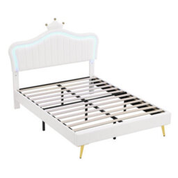Modernluxe 4Ft6 Double Bed, 135X190Cm, Upholstered Bed With Led Adjustable Headboard, Solid Wood Slat, Pu Leather, Cream White - thumbnail 9