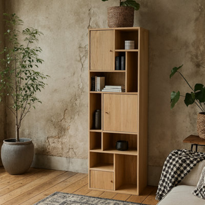 Wyld Haus Thallo Narrow Oak Wood 3 Door Multi Level Bookcase - image 1