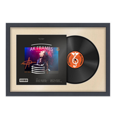 "AK Frames 25X17"" Dark Grey Step Vinyl Record Frame With Ivory Mount For 12 Inch Lp Cover & Disc - Overlapped Design" - image 1