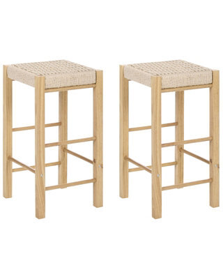 Wyld And Coco Set Of 2 Light Brown Rubberwood Bar Stools With Woven Paper Rope Seats - W35 X D35 X H66Cm - image 1