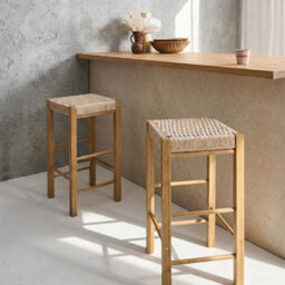 Wyld And Coco Set Of 2 Light Brown Rubberwood Bar Stools With Woven Paper Rope Seats - W35 X D35 X H66Cm - thumbnail 2