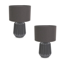 Valuelights Zak Pair Of - Charcoal Grey Textured Ceramic Bedside Table Lamp With Drum Shade - Led Bulbs Included - thumbnail 2