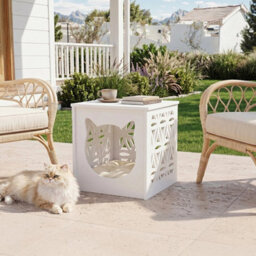 2-Tier Accent Table With Cat Cabin & Light, Small Side Table For Indoor Outdoor White - thumbnail 5