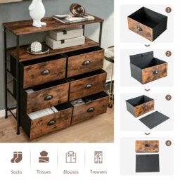 Costway 6-Drawer Dresser Cabinet Industrial Chest Of Drawers W/ Foldable Fabric Drawers - thumbnail 5